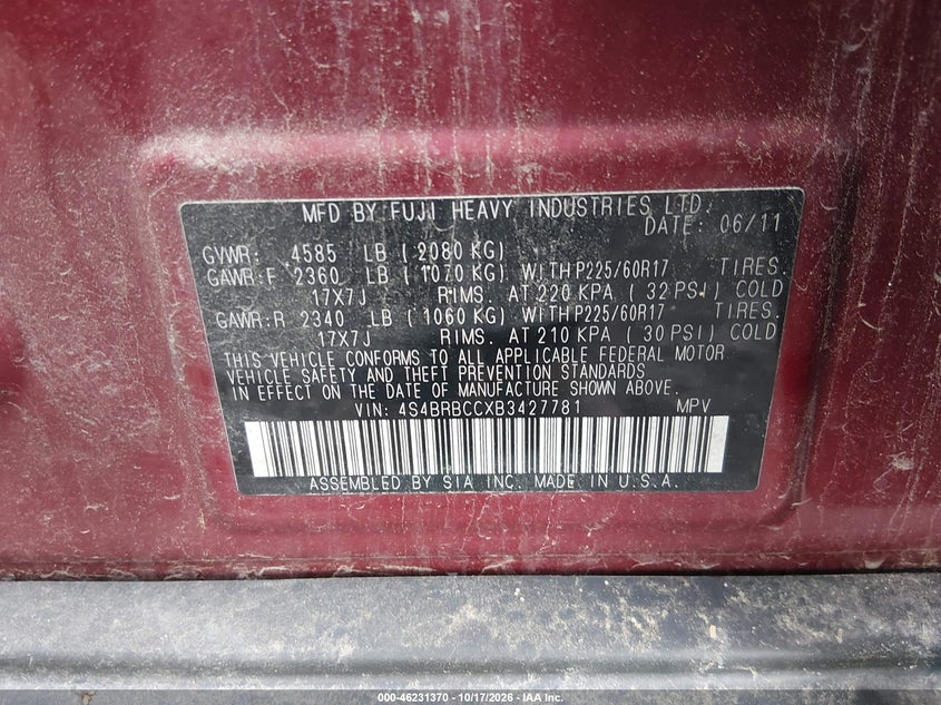 SUBARU OUTBACK 2011 VIN 4S4BRBCCXB3427781