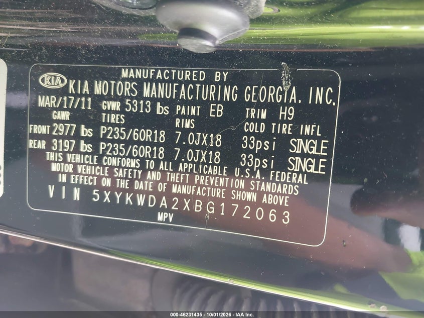 KIA SORENTO 2011 VIN 5XYKWDA2XBG172063
