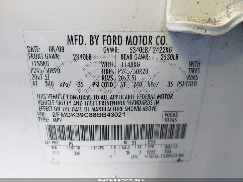 FORD EDGE 2008 VIN 2FMDK39C88BB43021