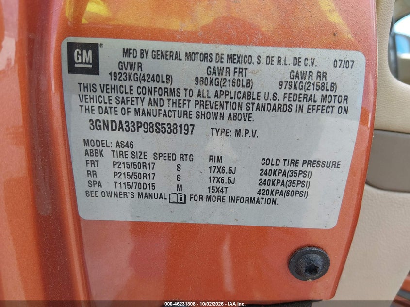 CHEVROLET HHR 2008 VIN 3GNDA33P98S538197