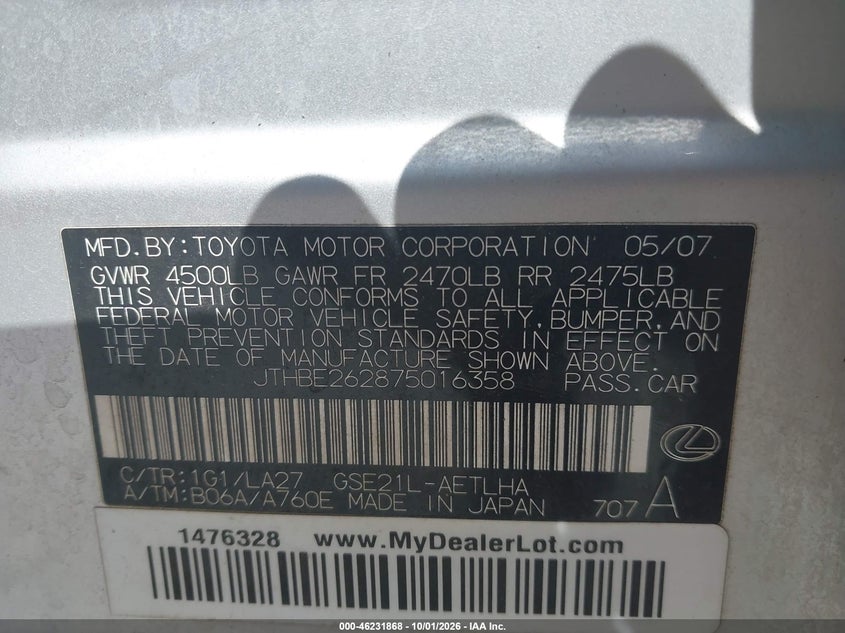 LEXUS IS 350 2007 VIN JTHBE262875016358
