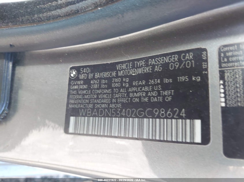 BMW 540I 2002 VIN WBADN53402GC98624