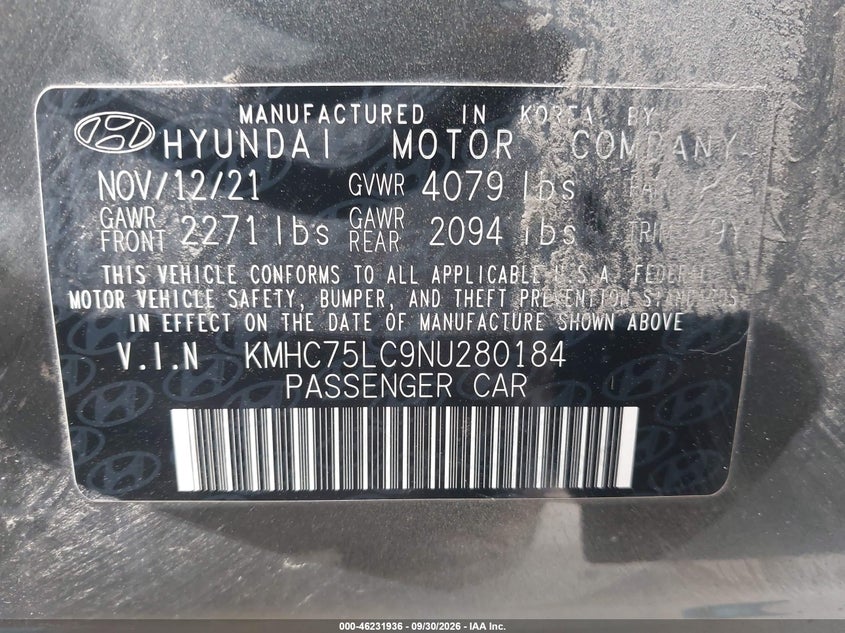 HYUNDAI IONIQ HYBRID 2022 VIN KMHC75LC9NU280184