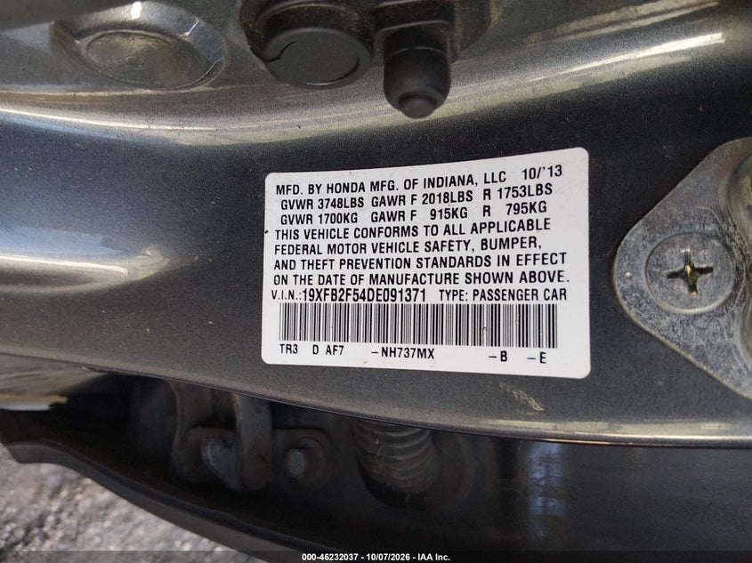 HONDA CIVIC 2013 VIN 19XFB2F54DE091371