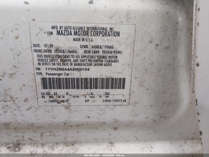 MAZDA MAZDA6 2010 VIN 1YVHZ8BA4A5M00154