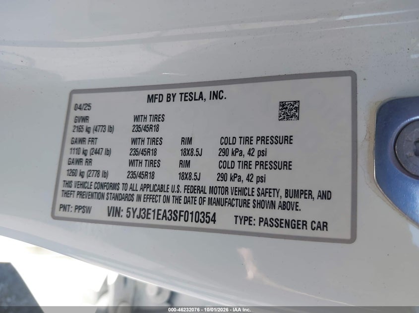 TESLA MODEL 3 2025 VIN 5YJ3E1EA3SF010354
