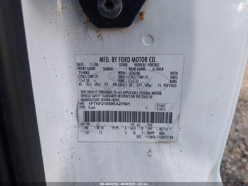 FORD F-250 2009 VIN 1FTNF21559EA27561