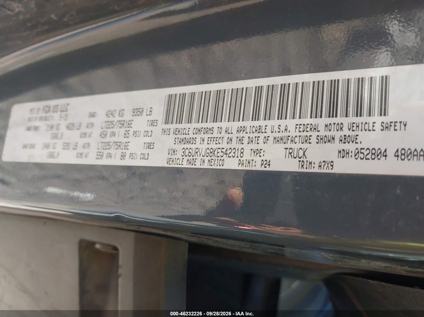 RAM PROMASTER 3500 2019 VIN 3C6URVJG8KE542318