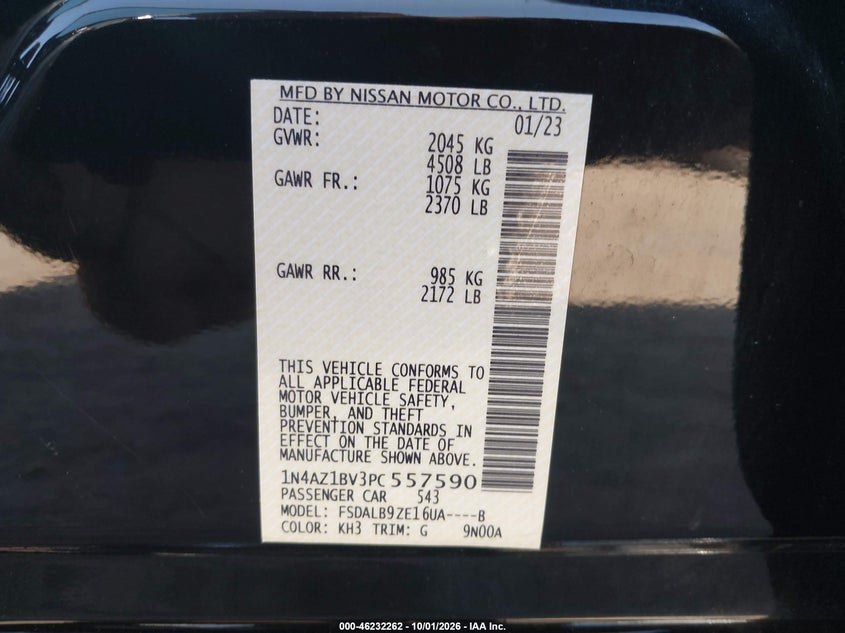 NISSAN LEAF 2023 VIN 1N4AZ1BV3PC557590
