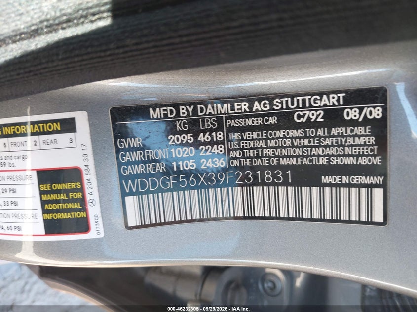 MERCEDES-BENZ C 350 2009 VIN WDDGF56X39F231831