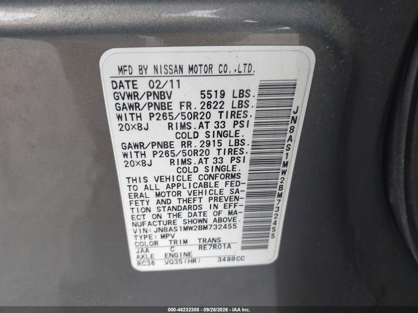 INFINITI FX35 2011 VIN JN8AS1MW2BM732455