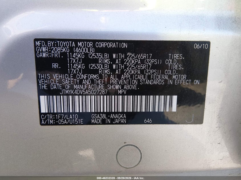 TOYOTA RAV4 2010 VIN JTMYK4DV5A5027287