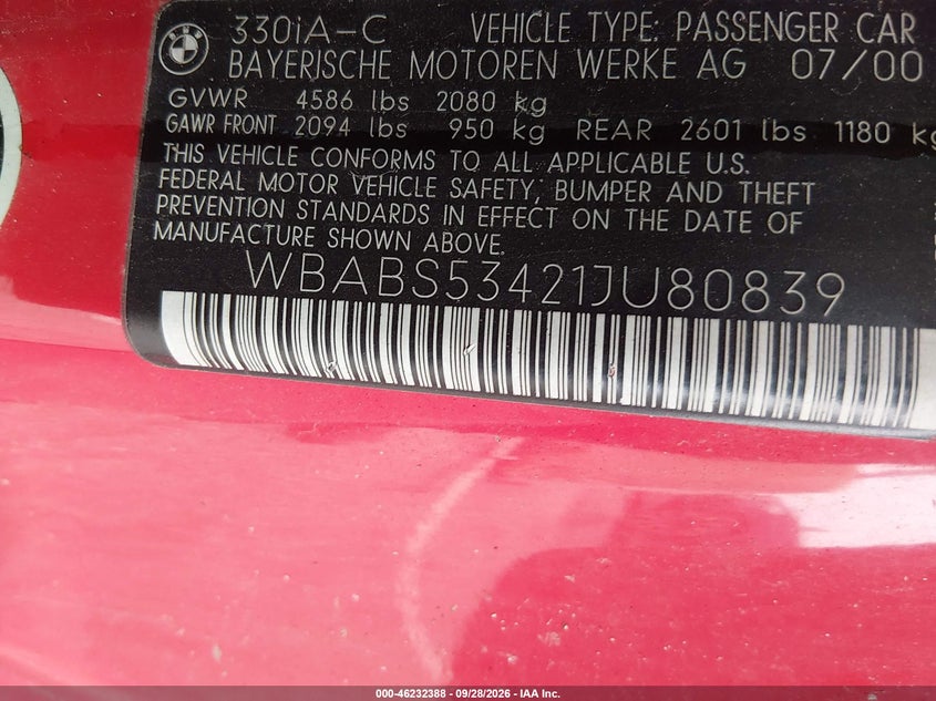 BMW 330CI 2001 VIN WBABS53421JU80839