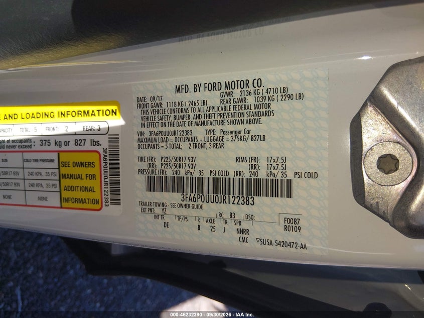 FORD FUSION HYBRID 2018 VIN 3FA6P0UU0JR122383