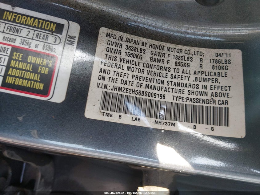 HONDA INSIGHT 2011 VIN JHMZE2H56BS009196