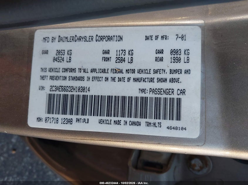 CHRYSLER 300M 2002 VIN 2C3AE66G92H103014