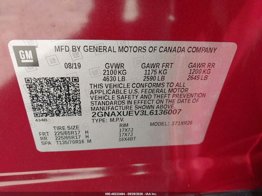 CHEVROLET EQUINOX 2020 VIN 2GNAXUEV3L6136007