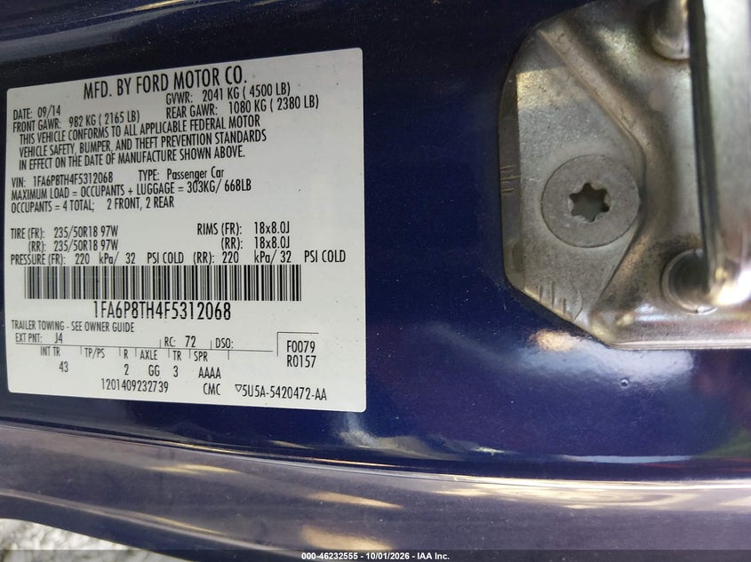 FORD MUSTANG 2015 VIN 1FA6P8TH4F5312068