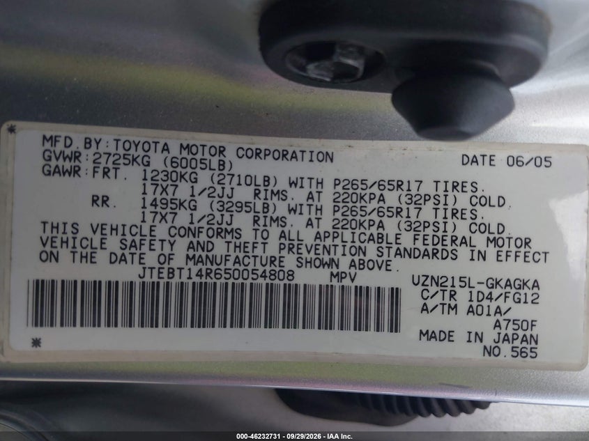 TOYOTA 4RUNNER 2005 VIN JTEBT14R650054808