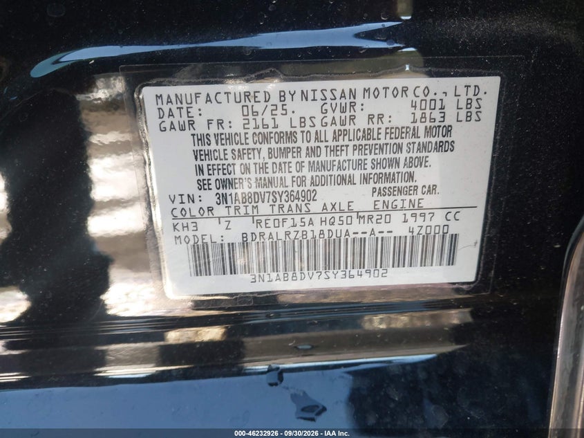 NISSAN SENTRA 2025 VIN 3N1AB8DV7SY364902