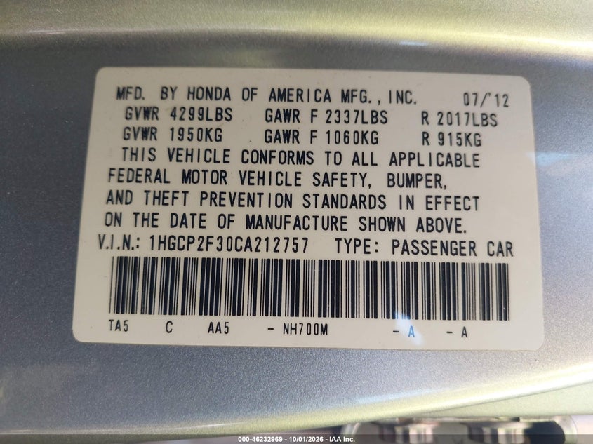 2012 HONDA ACCORD 2.4 LX · Фото 9