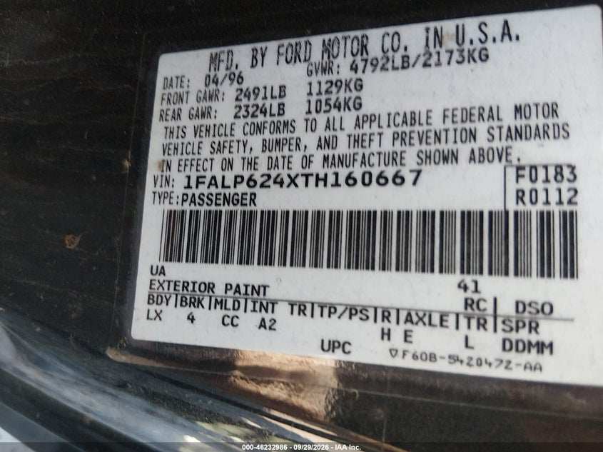 FORD THUNDERBIRD 1996 VIN 1FALP624XTH160667