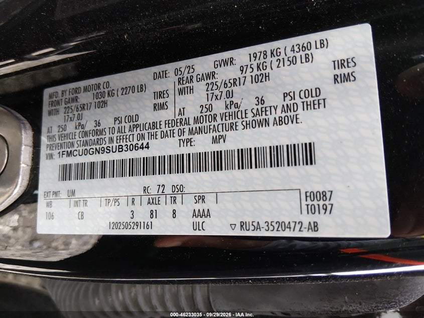 FORD ESCAPE 2025 VIN 1FMCU0GN9SUB30644