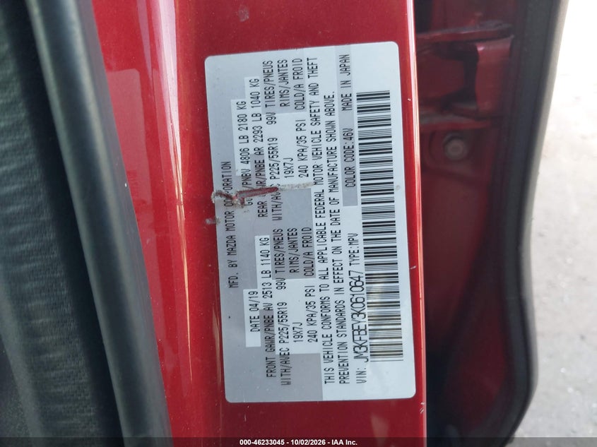 MAZDA CX-5 2019 VIN JM3KFBEY3K0610647