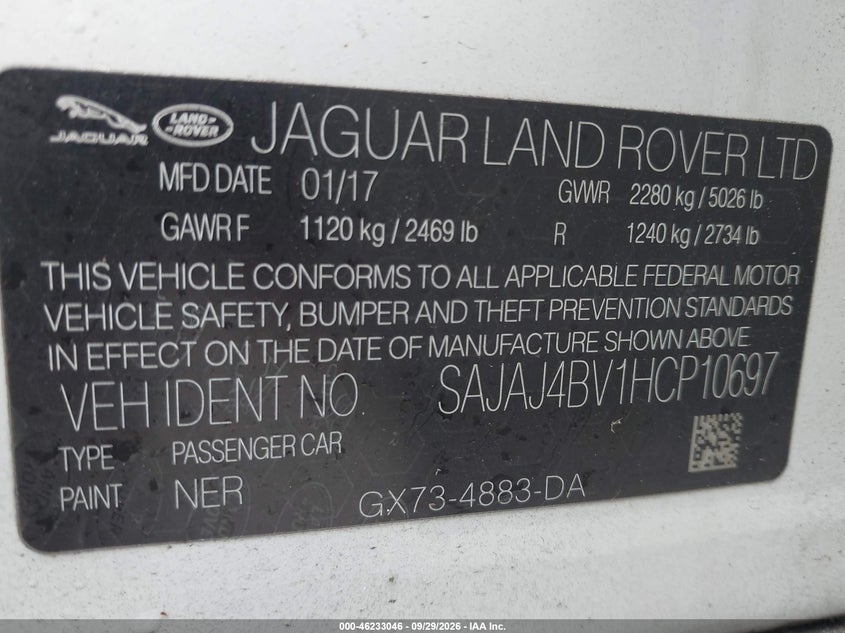 JAGUAR XE 2017 VIN SAJAJ4BV1HCP10697