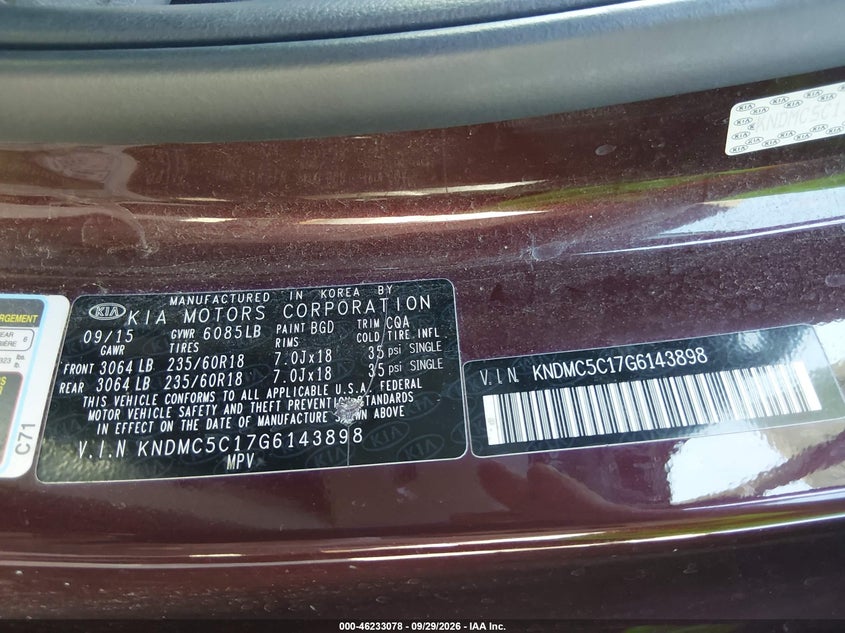 KIA SEDONA 2016 VIN KNDMC5C17G6143898