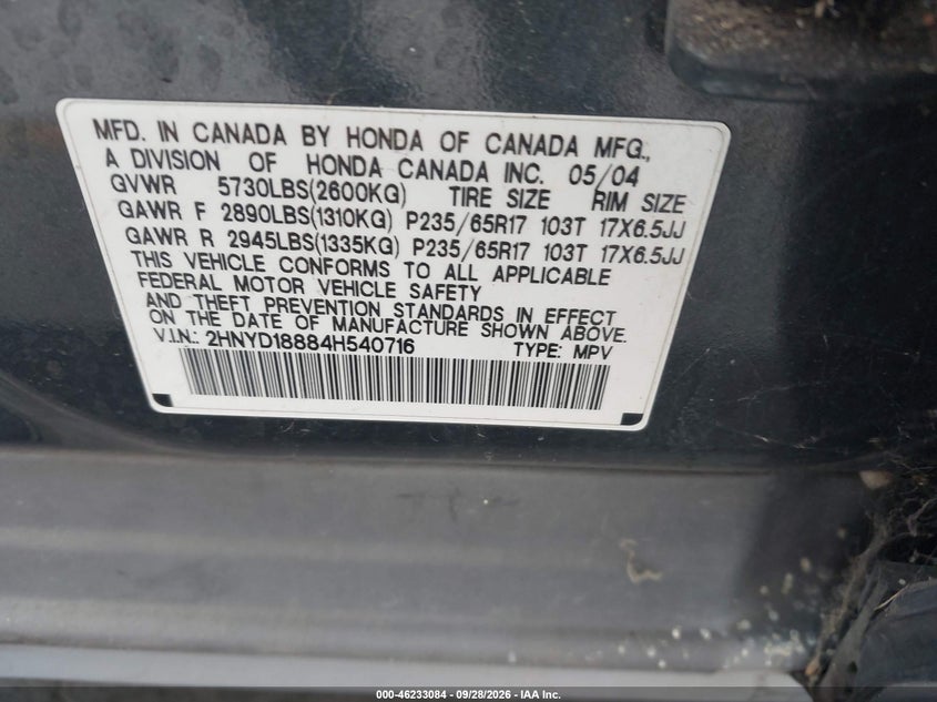 ACURA MDX 2004 VIN 2HNYD18884H540716