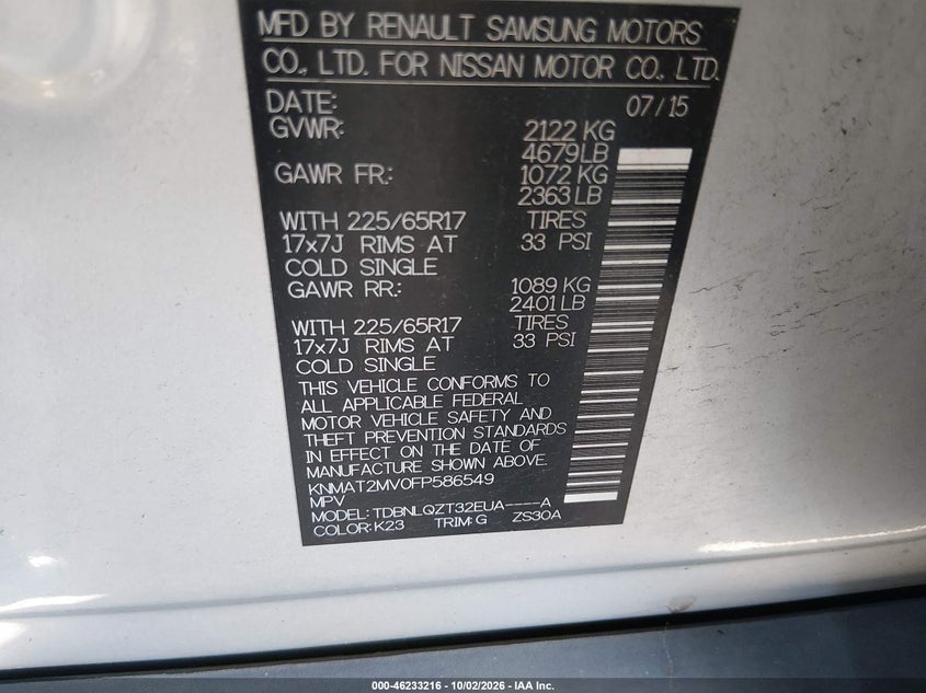 NISSAN ROGUE 2015 VIN KNMAT2MV0FP586549