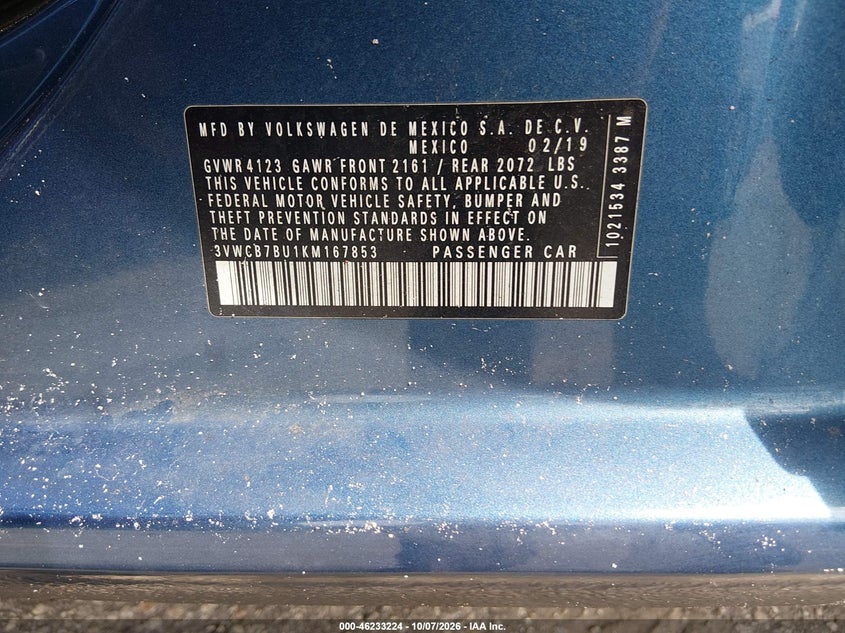 VOLKSWAGEN JETTA 2019 VIN 3VWCB7BU1KM167853