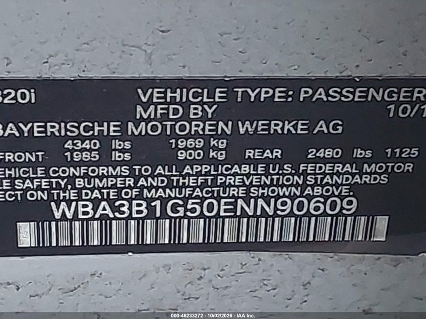 BMW 320I 2014 VIN WBA3B1G50ENN90609
