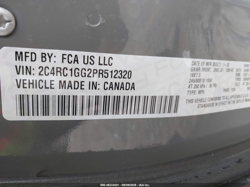 CHRYSLER PACIFICA 2023 VIN 2C4RC1GG2PR512320