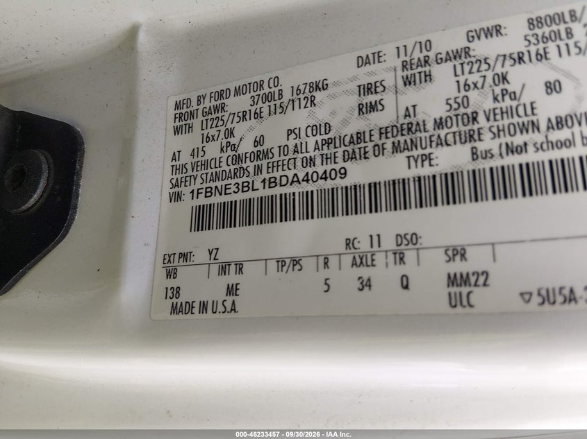 FORD E-350 SUPER DUTY 2011 VIN 1FBNE3BL1BDA40409