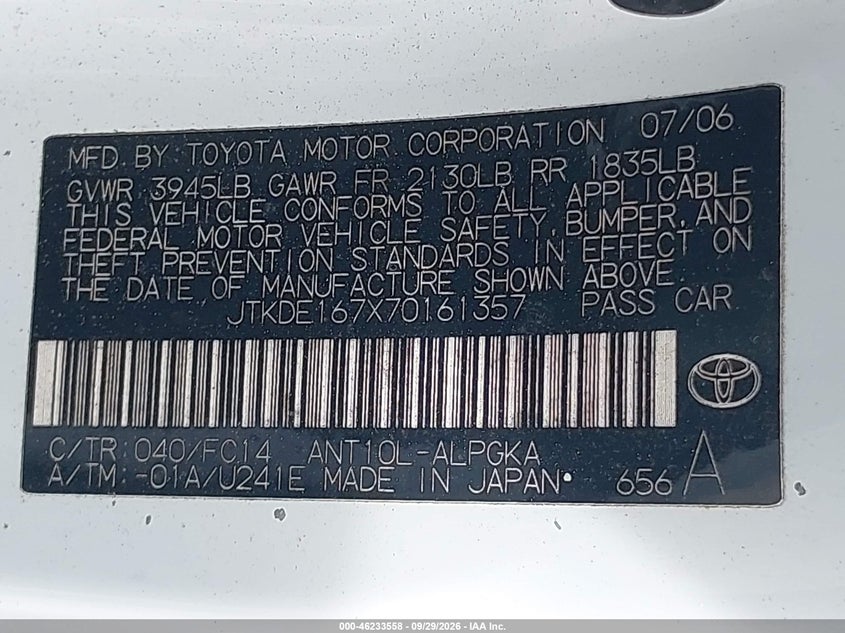 SCION TC 2007 VIN JTKDE167X70161357