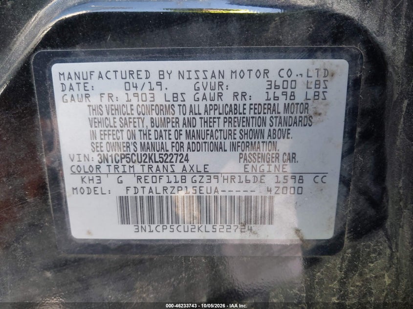 NISSAN KICKS 2019 VIN 3N1CP5CU2KL522724