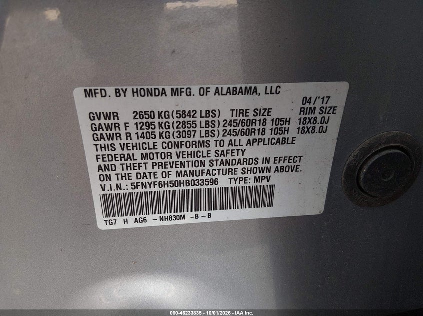 HONDA PILOT 2017 VIN 5FNYF6H50HB033596