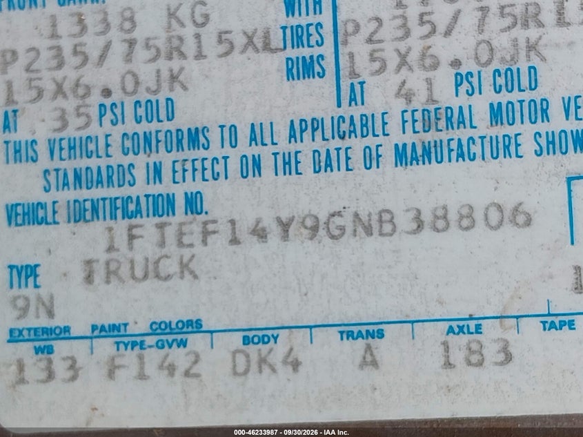 FORD F150 1986 VIN 1FTEF14Y9GNB38806