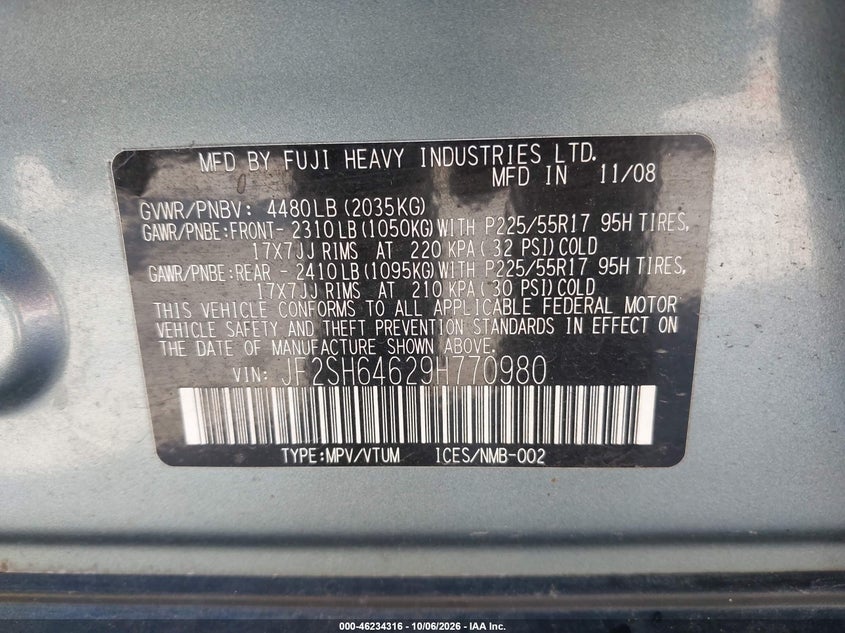 SUBARU FORESTER 2009 VIN JF2SH64629H770980