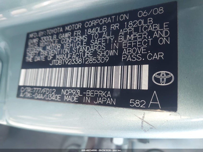 TOYOTA YARIS 2008 VIN JTDBT923381285309
