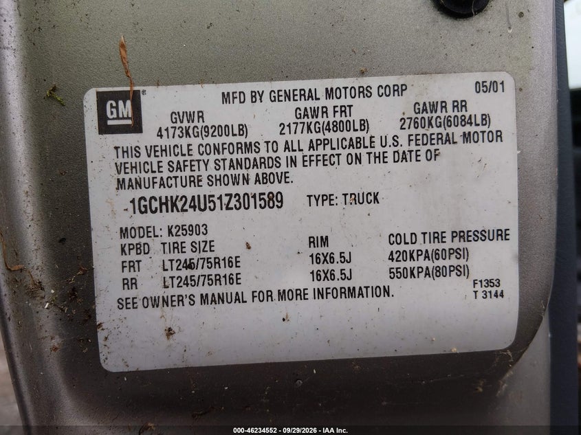 CHEVROLET SILVERADO 2500HD 2001 VIN 1GCHK24U51Z301589