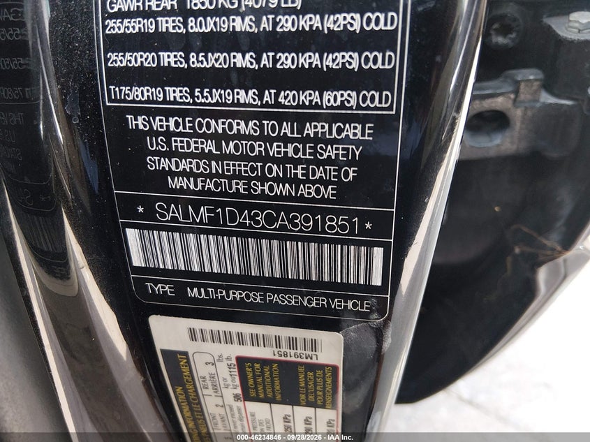 LAND-ROVER RANGE ROVER 2012 VIN SALMF1D43CA391851