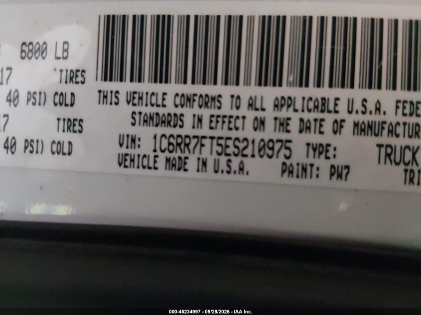 RAM 1500 2014 VIN 1C6RR7FT5ES210975