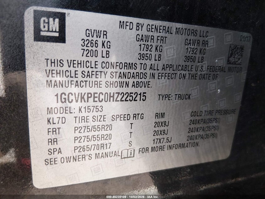 CHEVROLET SILVERADO 1500 2017 VIN 1GCVKPEC0HZ225215