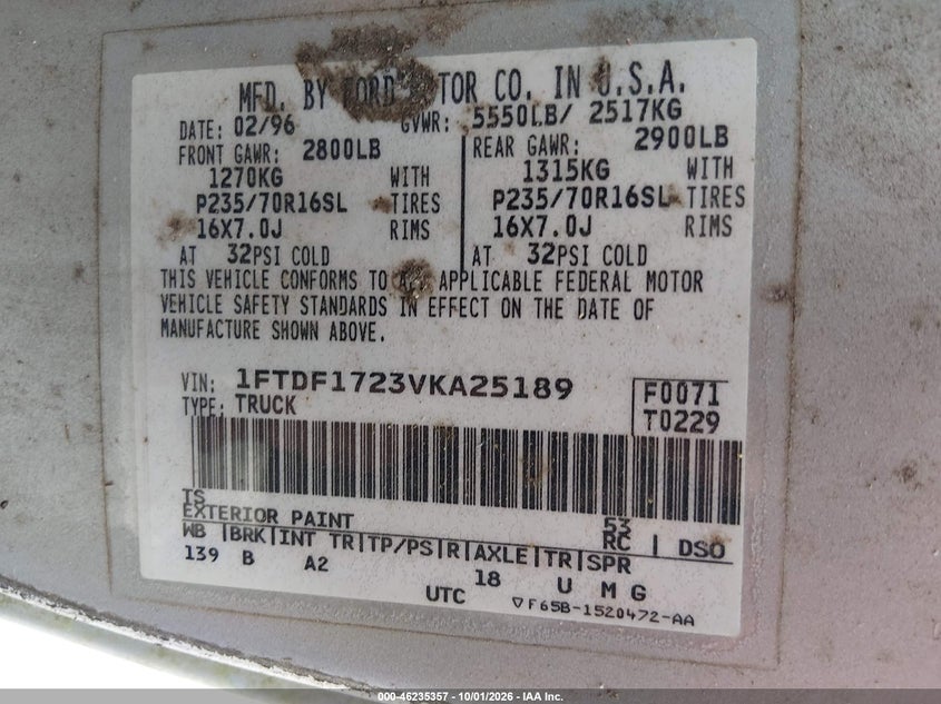 FORD F150 1997 VIN 1FTDF1723VKA25189