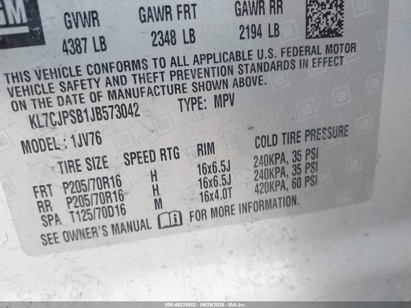 CHEVROLET TRAX 2018 VIN KL7CJPSB1JB573042