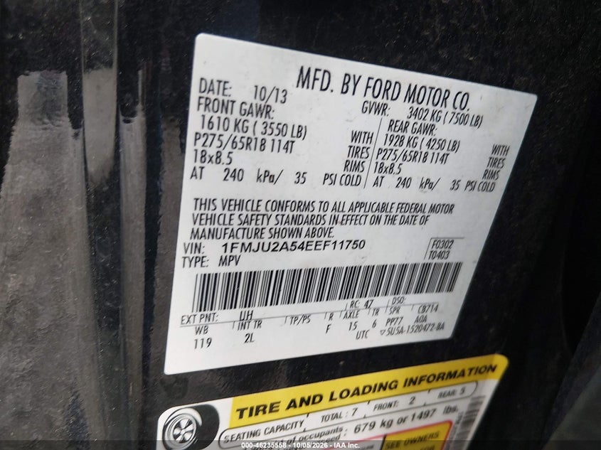 FORD EXPEDITION 2014 VIN 1FMJU2A54EEF11750