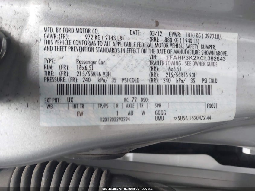 FORD FOCUS 2012 VIN 1FAHP3K2XCL382643